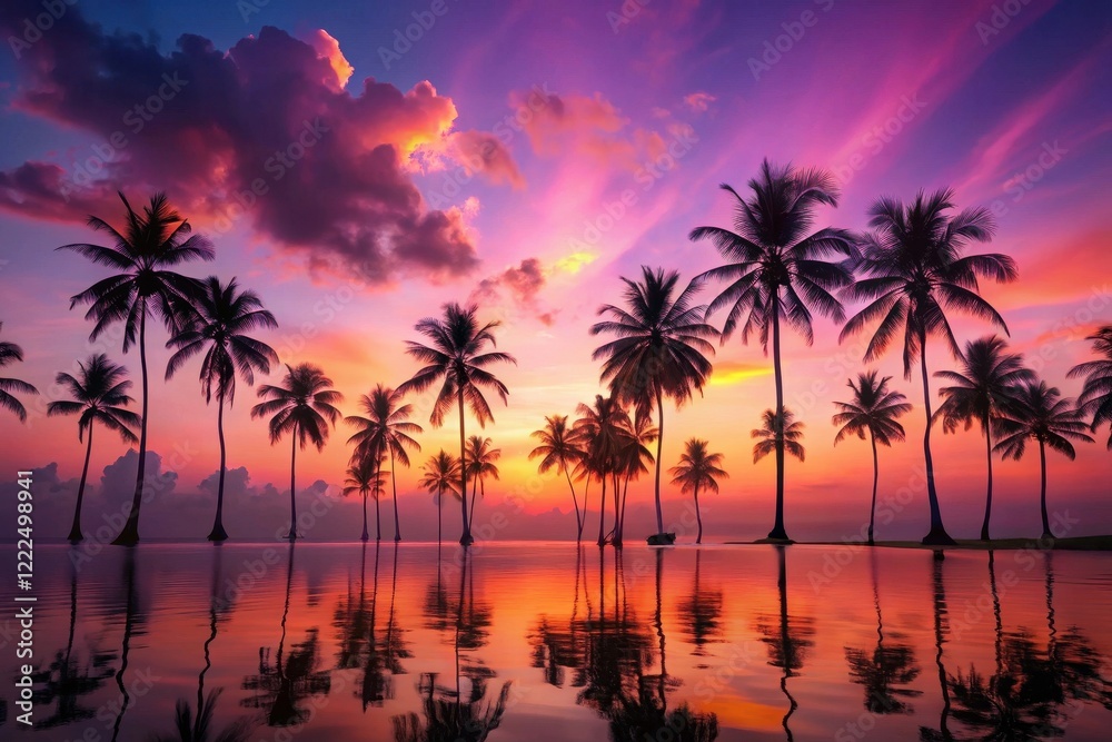 Obraz premium Serene Tropical Sunset Silhouetted Palm Trees Reflecting in Calm Waters, Vibrant Sky