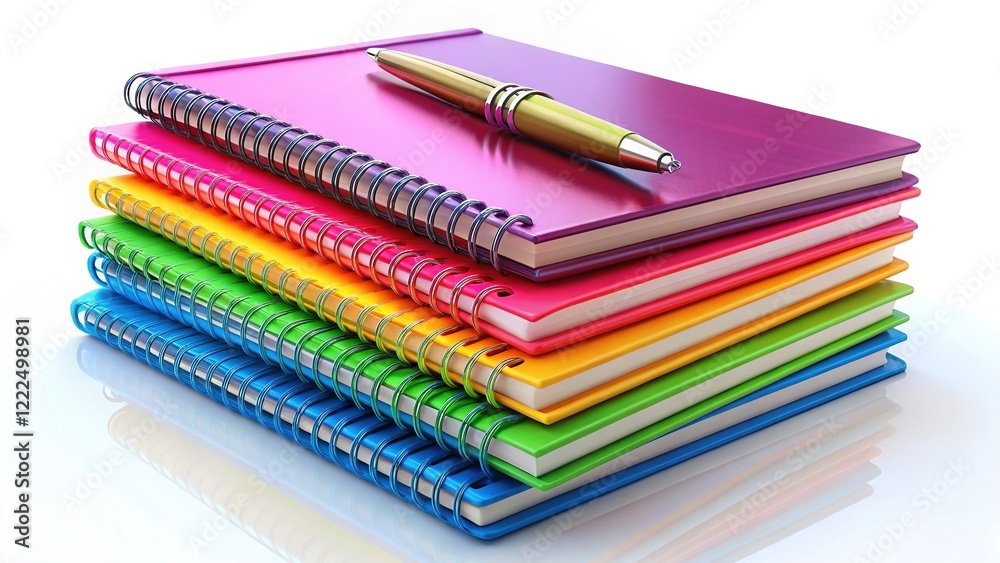 Fototapeta premium Colorful Notebooks Stack, Pens, Hyperrealistic Photo