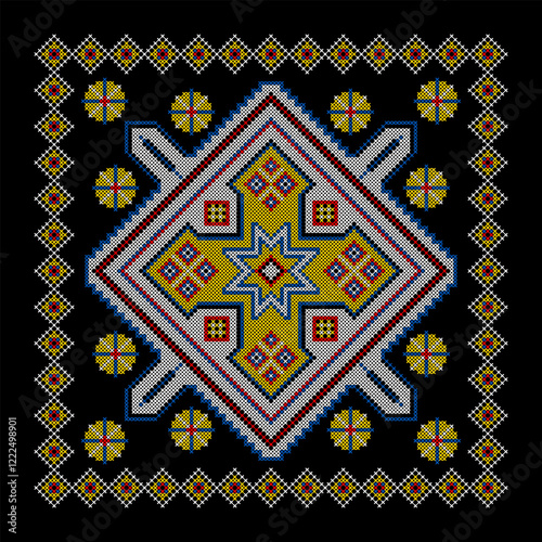 Vector illustration of Ukrainian ornament in ethnic style, identity, vyshyvanka, embroidery for print clothes, websites, banners. Background. Geometric design, border, copy space, frame