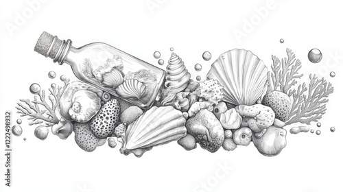 Seashells, sea sponges, corals, pebbles and bubbles inside a glass bottle with a stopper. Hand drawn graphic illustration in black and white color line art. Sublimation arrangement on marine theme photo