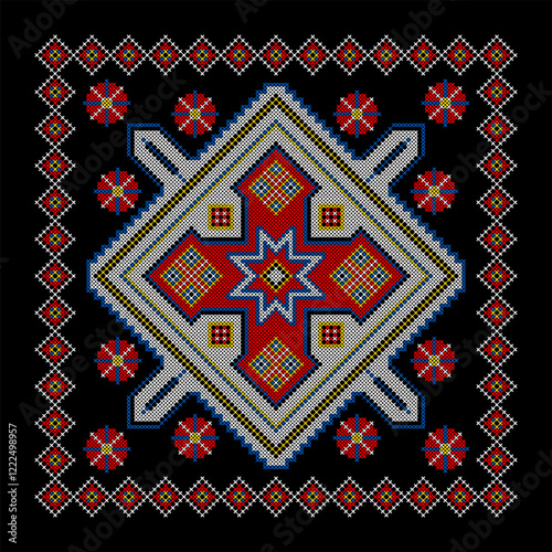 Vector illustration of Ukrainian ornament in ethnic style, identity, vyshyvanka, embroidery for print clothes, websites, banners. Background. Geometric design, border, copy space, frame