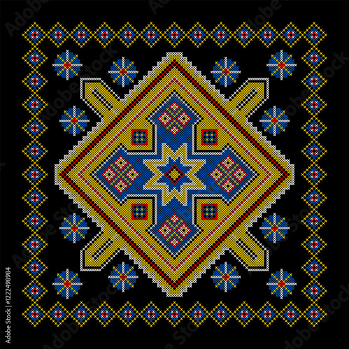 Vector illustration of Ukrainian ornament in ethnic style, identity, vyshyvanka, embroidery for print clothes, websites, banners. Background. Geometric design, border, copy space, frame