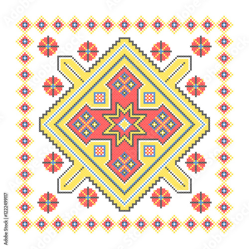 Vector illustration of Ukrainian ornament in ethnic style, identity, vyshyvanka, embroidery for print clothes, websites, banners. Background. Geometric design, border, copy space, frame