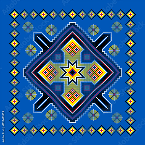 Vector illustration of Ukrainian ornament in ethnic style, identity, vyshyvanka, embroidery for print clothes, websites, banners. Background. Geometric design, border, copy space, frame