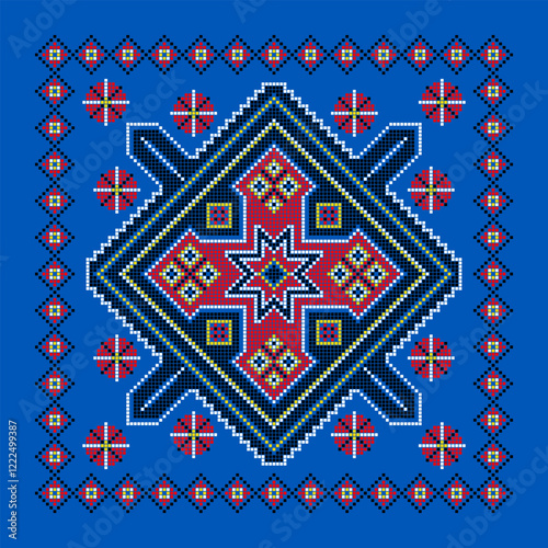 Vector illustration of Ukrainian ornament in ethnic style, identity, vyshyvanka, embroidery for print clothes, websites, banners. Background. Geometric design, border, copy space, frame