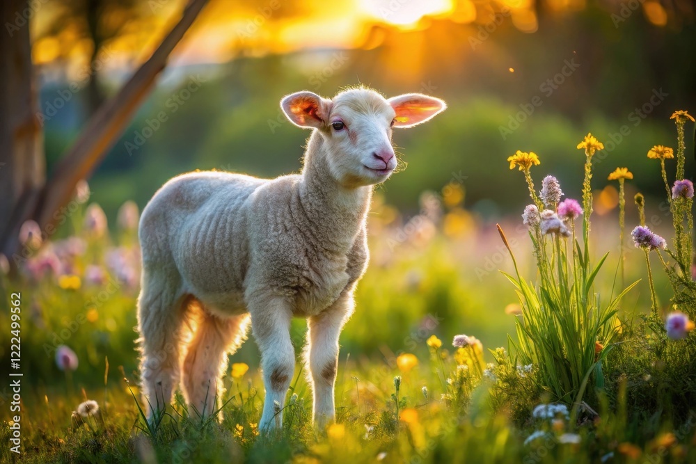 A young lamb basking in the golden light of the setting sun amidst a vibrant meadow of wildflowers. A young lamb basking in the golden light of the setting sun amidst a vibrant meadow of wildflowers.