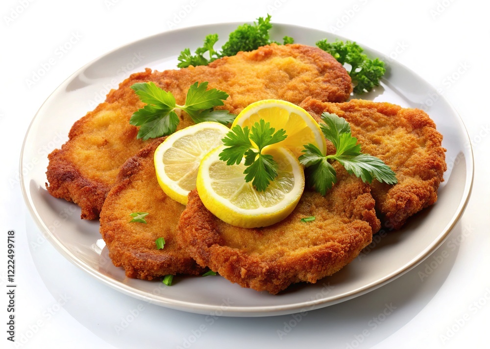 Crispy Golden Schnitzels - Austrian Cuisine, Portion Size, White Plate Crispy Golden Schnitzels - Austrian Cuisine, Portion Size, White Plate