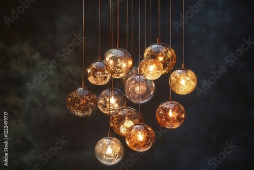 elegant pendant cluster featuring organically shaped metallic orbs in copper and brass tones, suspended at varying heights, creating a warm atmospheric glow against dark background photo