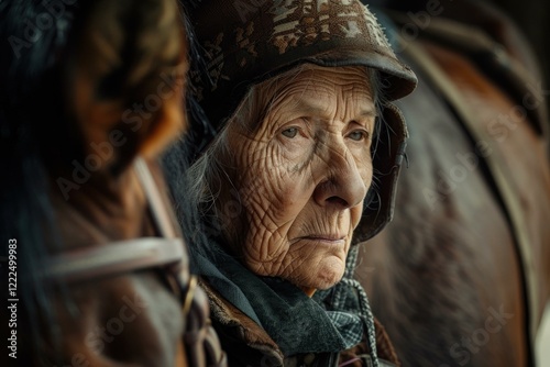 Wallpaper Mural Portrait of elderly woman farmer wearing traditional clothing and posing next to horse in stable Torontodigital.ca