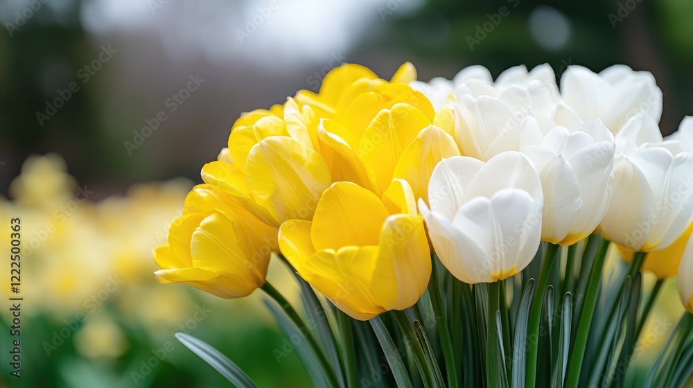 Obraz premium Vibrant yellow and white tulips bloom in a sunny spring garden.