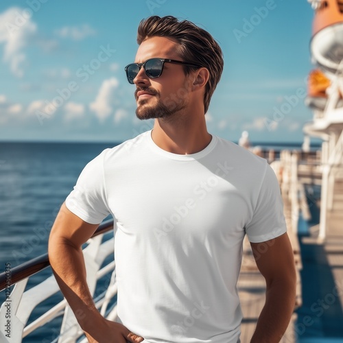 Summer cruise, vacation tshirt designs mockup. Handsome man in sunglasses wearing white basic tshirt standing on yacht deck, sunny day. Men's blank short sleeve t-shirt template, sea journey outdoors
 photo