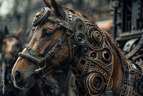 Horse with intricate steampunk headgear, blending nature and mechanics in a blurred industrial background photo