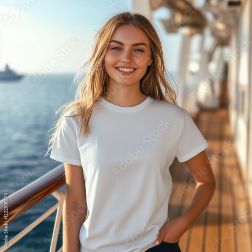 Summer cruise, vacation t-shirt designs mockup. Smiling beautiful woman wearing white basic tshirt standing on yacht deck, sunny day. Women's blank short sleeve tee template, sea sailing, outdoors photo