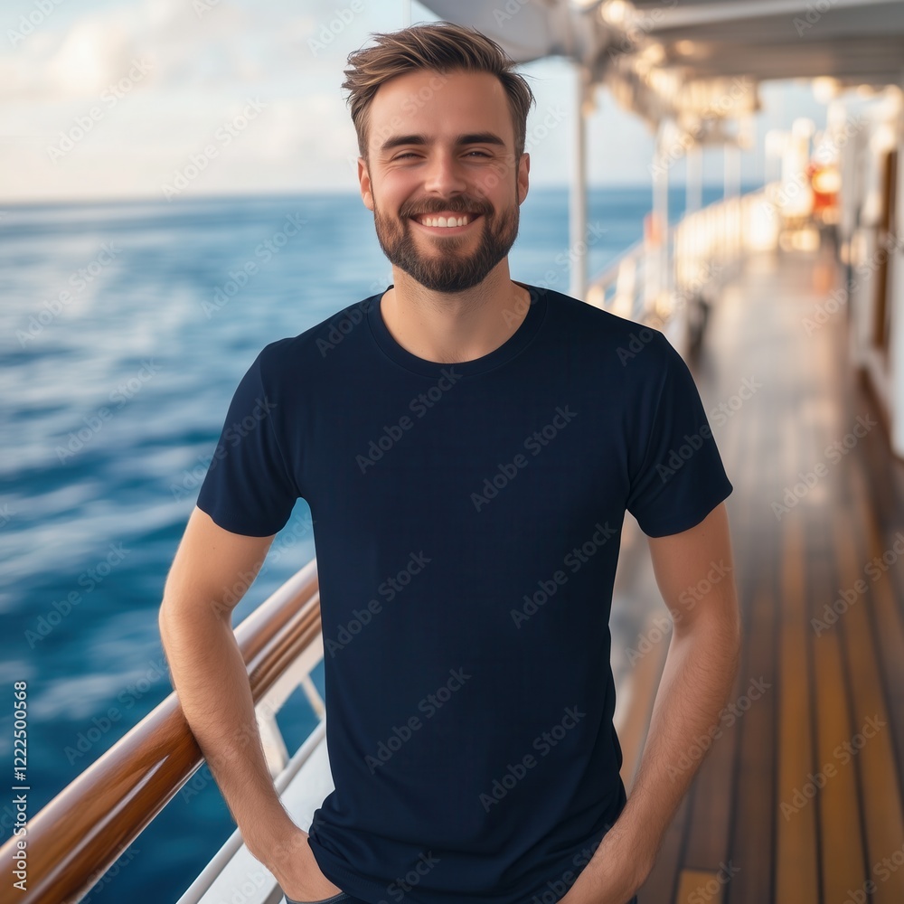 Fototapeta premium Summer cruise, vacation t-shirt designs mockup. Handsome man wearing black basic tshirt standing on yacht deck, sunny day. Men's blank short sleeve t-shirt template, sea journey outdoors