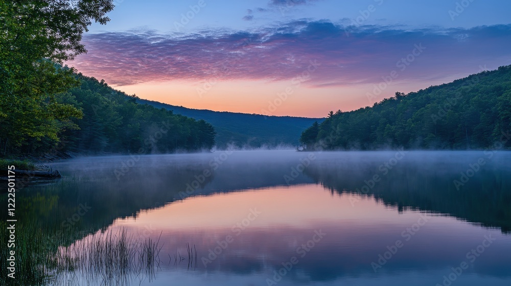Fototapeta premium Serene Lake Sunrise with Reflective Mist and Vivid Sky.