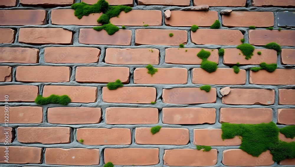 Aged brick wall with creeping green plants ideal for natural urban decay textures and weathered architectural elementsAged brick wall with creeping green plants ideal for natural urban decay textures 