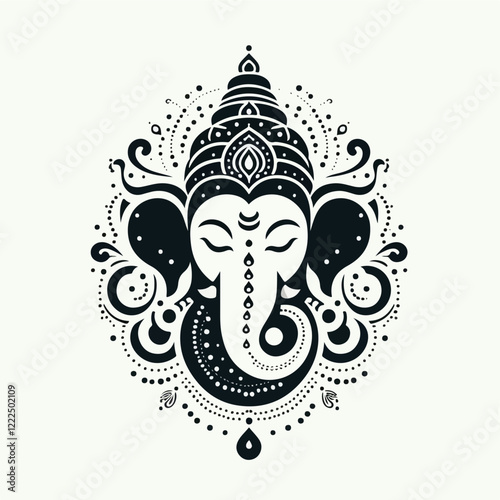 Lord Ganesha Mandala: An ornate and detailed mandala design featuring the serene face of Lord Ganesha, the Hindu god of wisdom and prosperity. The intricate artwork is rendered in black and white.