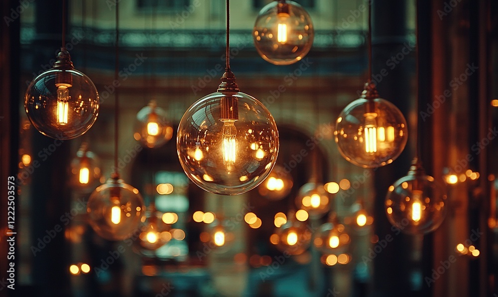 Glowing round light bulbs hanging in a blurred building interior Glowing round light bulbs hanging in a blurred building interior