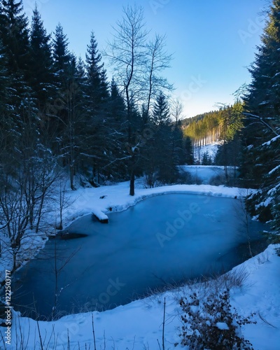 winter landscape lake convert into ice.