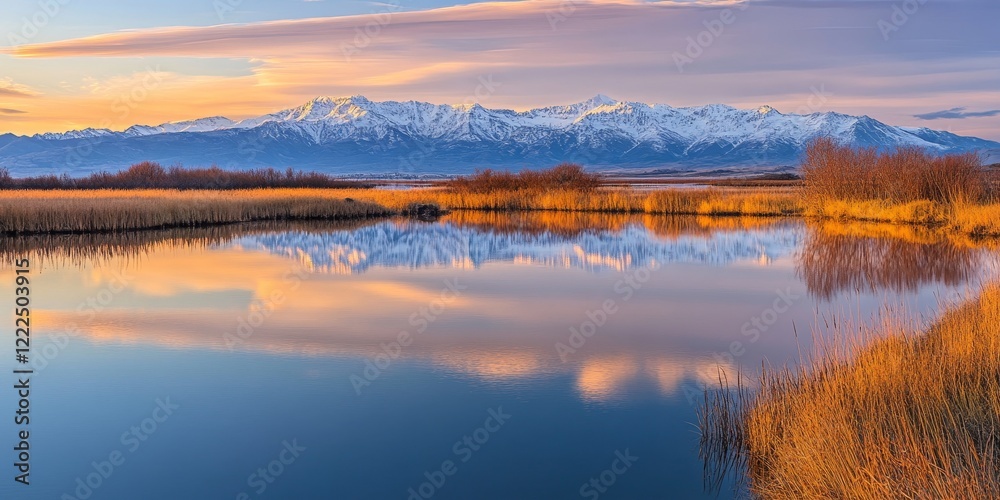 Tranquil Lake at Sunset with Vibrant Heathland and Snow-Capped Mountains Reflection, Generative AI Tranquil Lake at Sunset with Vibrant Heathland and Snow-Capped Mountains Reflection, Generative AI