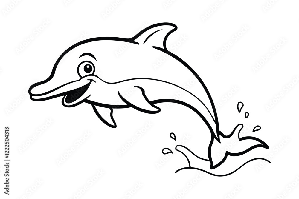 Obraz premium A cartoon line art drawing of a happy dolphin jumping out of the water.eps