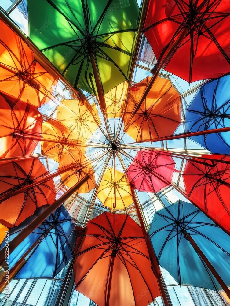 Fototapeta premium Colorful Umbrellas Hanging from Glass Ceiling, Abstract Perspective of Rain Protection.