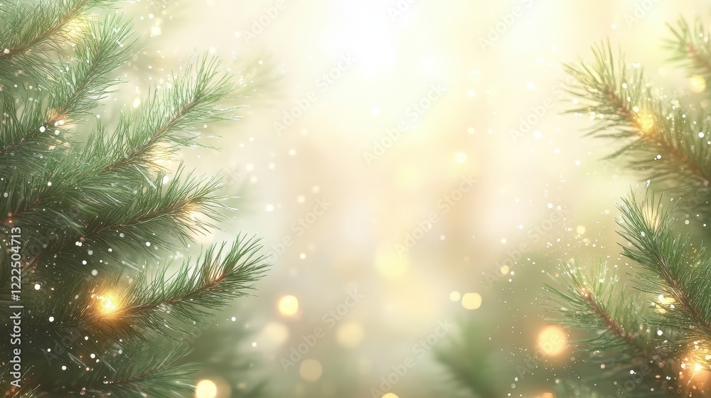 Festive Pine Branches with Golden Bokeh and Snowfall Background.