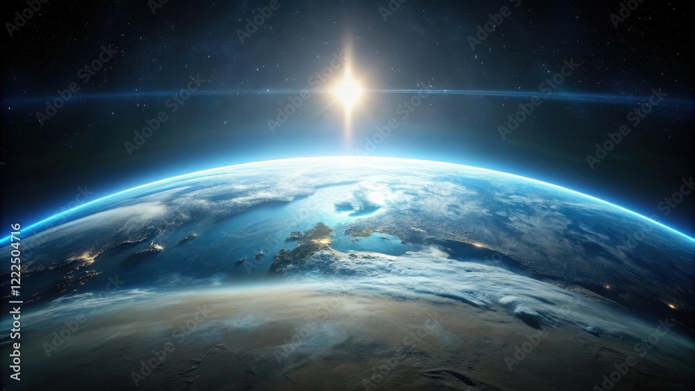 Fototapeta premium A Stunning View of Earth from Space, Illuminated by the Radiant Sun's Glowing Rays