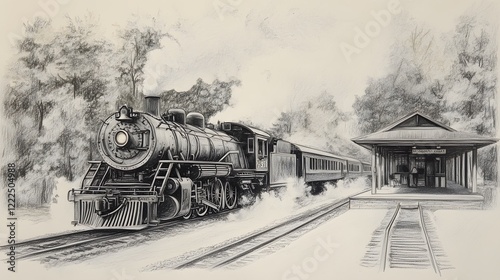 Pencil Drawing of an Old Train Station with a Vintage Locomotive on a Foggy Day
