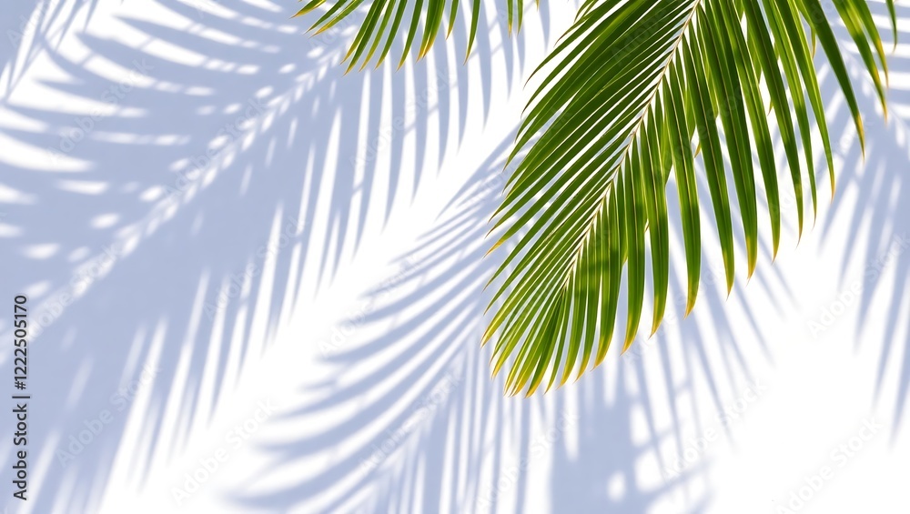 Fototapeta premium Artistic palm leaf shadows on a bright white background with strong sunlight contrast perfect for tropical design concepts
