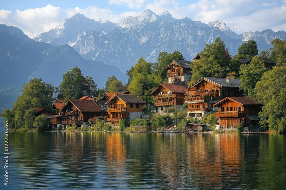 Breathtaking scenic view of wooden houses reflecting on a lake with majestic mountains in the background Breathtaking scenic view of wooden houses reflecting on a lake with majestic mountains in the background