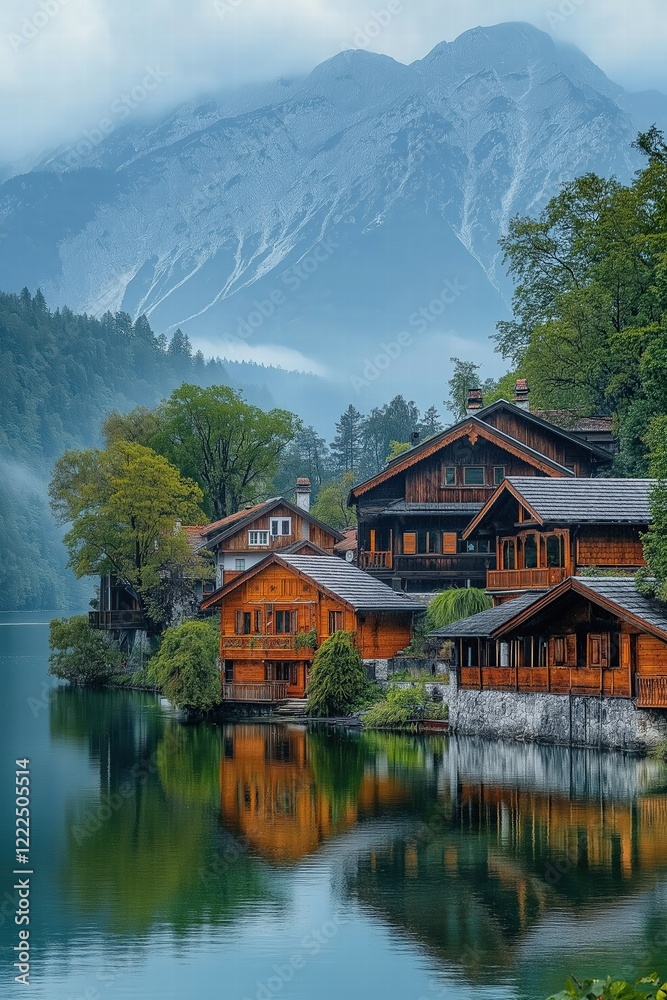 Fototapeta premium Wooden houses reflecting on a lake in the austrian alps