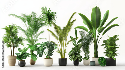 Monstera and palm leaf. Tropic plant isolated set. Banana tree green element for botanical illustration. 3d exotic hawaiian design collection. Mexican garden clipart for decorative summer spa