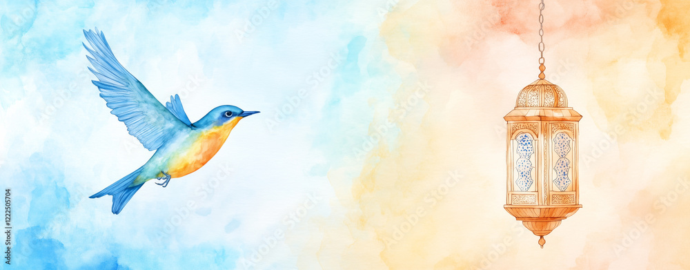 Fototapeta premium Watercolor illustration of a blue and orange bird flying near a decorative arabic lantern