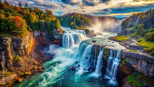Majestic waterfall, aerial view, powerful water flow.
