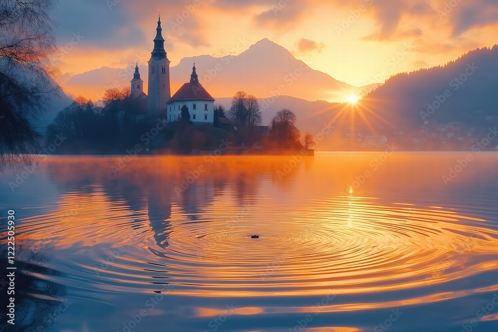 Naklejka premium Sunrise illuminating lake bled island with church and julian alps in background