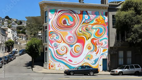 Colorful mural graces building on busy street in San Francisco, showcasing vibrant swirls and patterns under clear blue sky