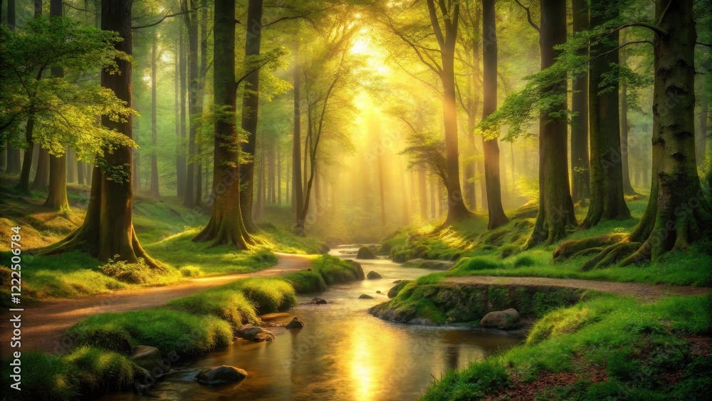 Fototapeta premium Golden Sunlight Illuminates a Serene Forest Path Beside a Gently Flowing Stream