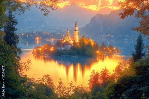 Lake bled island church reflecting in still water at sunset