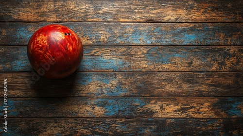 Red Bowling Ball on Rustic Wooden Background photo