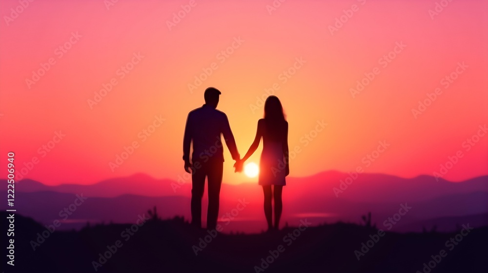 Couple Holding Hands at Sunset Romantic Silhouette Couple Holding Hands at Sunset Romantic Silhouette