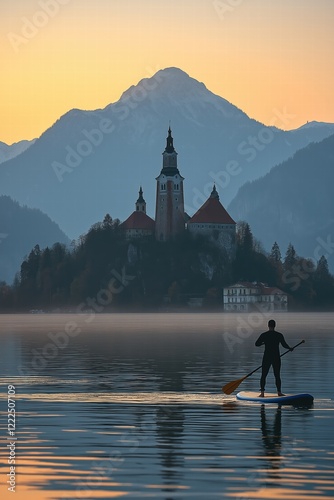 Athlete paddle boarding on lake bled at sunrise with assumption of mary pilgrimage church on bled island photo