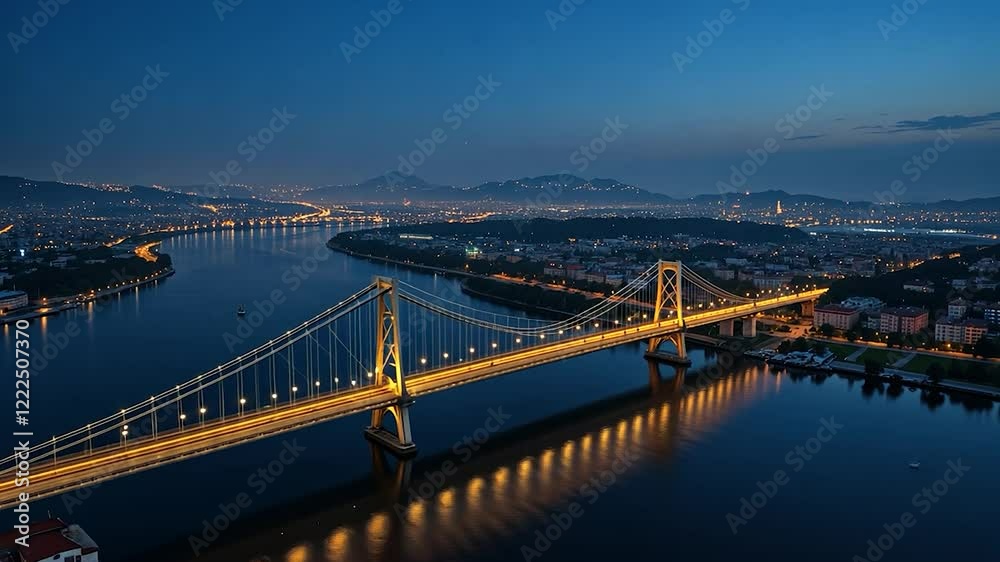aerial view of a serene, illuminated bridge stretching across a dark river at night. aerial view of a serene, illuminated bridge stretching across a dark river at night.