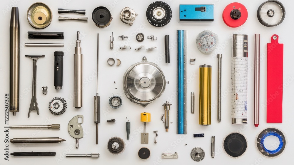 Collection of mechanical components and tools arranged neatly on a flat surface for inspection Collection of mechanical components and tools arranged neatly on a flat surface for inspection