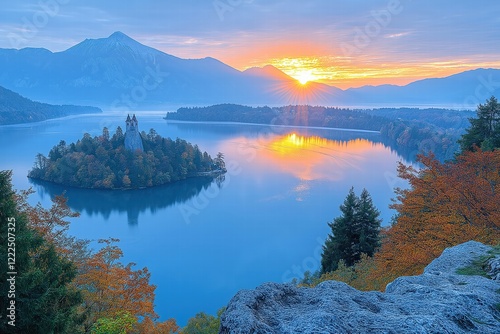 Sunrise illuminating lake bled island with assumption of mary pilgrimage church in slovenia photo