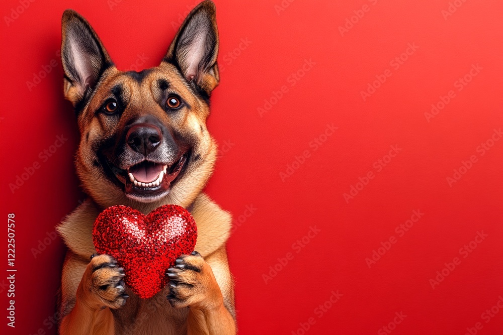 Obraz premium Cute belgian malinois dog with sparkling rhinestones red heart - emblem of love, funny greeting card. Belgian malinois - my treasured dog. Promotion creative. Red heart decorations. Red heart.