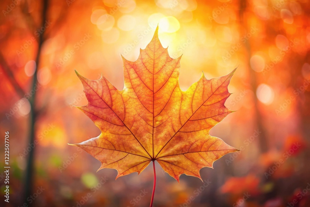 Autumnal Maple Leaf Basking in Golden Sunlight Amidst a Blurred Forest Backdrop Autumnal Maple Leaf Basking in Golden Sunlight Amidst a Blurred Forest Backdrop