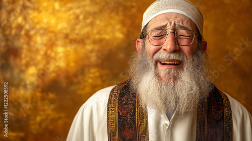 Jewish rabbi in glasses on the verge of tears against a golden background for emotional portrait concept