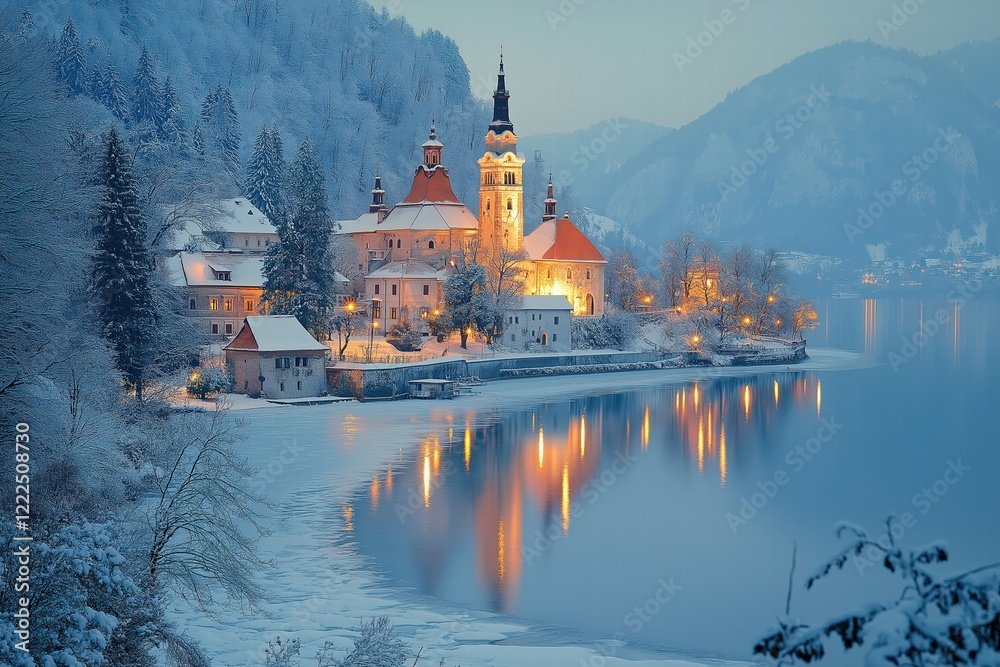 Lake bled reflecting warm lights of the church at dusk in winter Lake bled reflecting warm lights of the church at dusk in winter