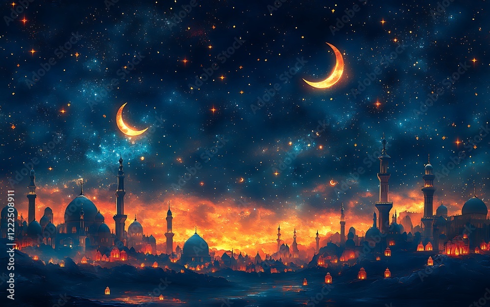 Naklejka premium Fantasy Mosque Under a Starry Sky with Twin Crescent Moons Illuminating Fiery Clouds